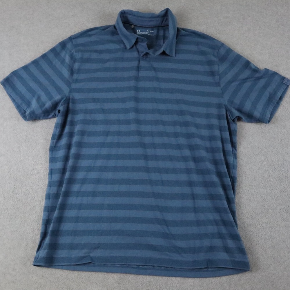 Under Armour Polo Shirt Mens XL HeatGear‎ Loose Golf Blue Striped Short Sleeve